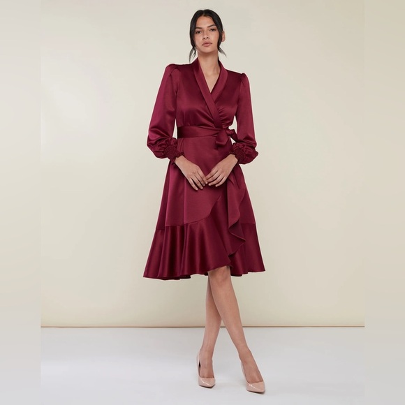 Rachel Parcell | Satin Wrap MIDI Dress In Wine Red Size XS NWT - Picture 1 of 8